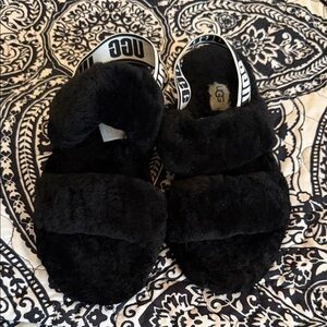 UGG Black Plush Two-Band Slide Sandals